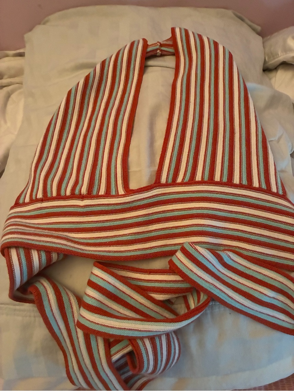 O. Vianco Striped Halter Crop Top in Coral and Cream - Picture 2 of 3